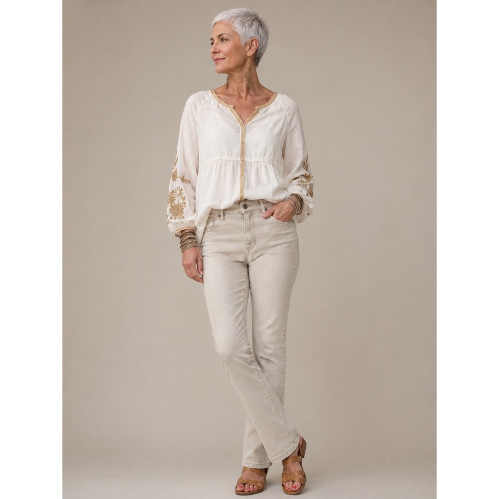 Suzette White Boho Embroidered Blouse Gold Detail Cottagecore Top Large